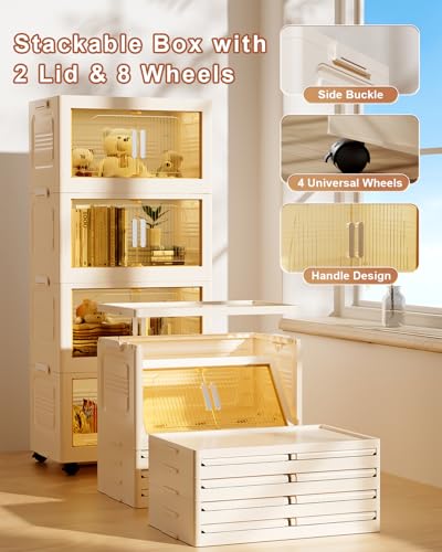 Stackable Storage Bins with Lids, 76QT Storage Containers with Smooth-Rolling Wheels, Plastic Closet Organizers and Storage, Collapsible Storage Bins for Home, Office and Dorm（4 Pack） - style: 4 Pack