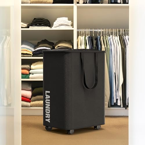 Simple Houseware Large 82L Laundry Basket with Wheels, Collapsible Waterproof Hamper with Handles and Mesh Cover, Black - color: Black