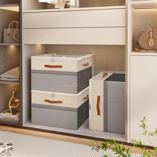 Shoe Organizer for Closet, 2 Pack Foldable Shoe Storage Organizer Box Bin with Adjustable Dividers and Clear Cover, Fits up to 16-32 Pairs（Grey&Beige） - color: Grey with Beige