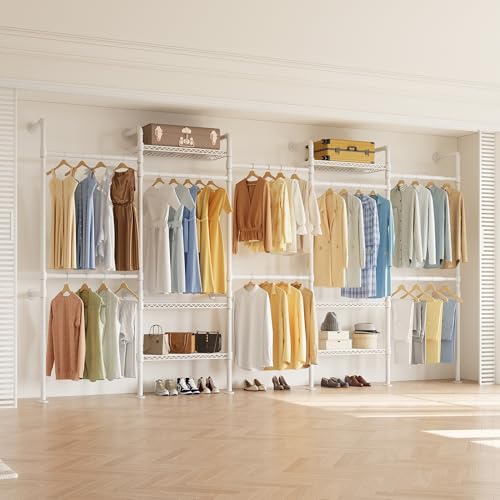 Higeego W5 Wall Mounted Expandable Clothes Rack, 9-12 ft Wide Adjustable Clothing Rack with Extended Rod Closet Organizer System Industrial Pipe Garment Rack for Reach in Closet 1300LB Capacity, White - color: White