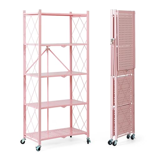 BRIAN & DANY 5-Tier Foldable Storage Shelves with Wheels, Folding Metal Rack Shelving Unit, Heavy Duty No Assembly Organizer Shelf for Garage, Kitchen, Basement, Pantry, Pink - color: Pink, size: 5-tier