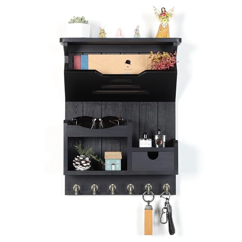 DOPACE Key Holder for Wall, Mail and Key Holder, Mail Organizer Wall Mount with Storage Drawer and 6 Hooks, Easy Installation Key Rack for Entryway and Home Decor, Black