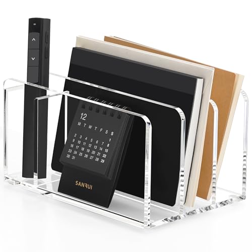 SANRUI Acrylic Mail Organizer, 3 Compartments Clear File Holder for Desk, Letter Sorter with Pen Holder, Countertop Document Sorter for Notebooks, Bills & Eyeshadow Palettes - style: 3 Sections with Pen Holder
