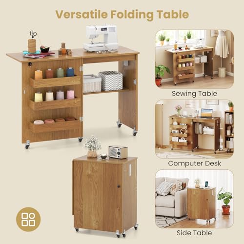 Giantex Folding Sewing Table with Charging Station, Rolling Craft Table with Storage Trays & Shelf, Foldable Sewing Machine Cabinet Desk with Lockable Wheels for Small Spaces (Natural) - color: Natural