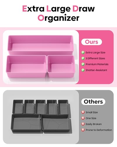 10 Pack Large Size Plastic Drawer Organizers Set, 3 Sizes Desk Drawer Organizer Trays, Storage Bins for Vanity, Makeup, Bathroom, Kitchen Utensils and Office (Pink) - color: Pink