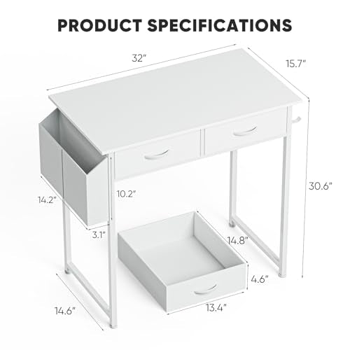 DUMOS 32" Home Office Computer Desk with Drawers, Small Gaming Writing Study Table with Storage Side Bag, Headphone Hook and Adjustable Feet for Bedroom White - color: White, size: 32-In