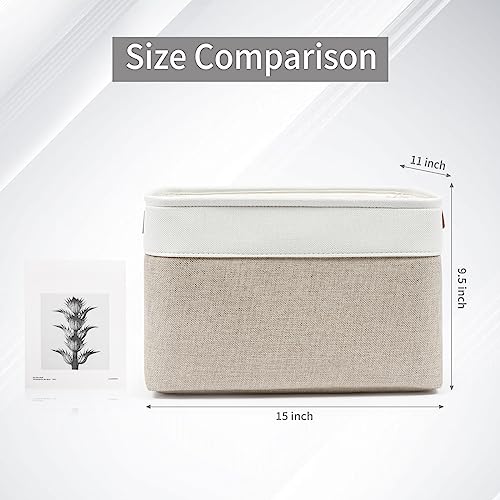 Bagnizer Storage Bins Large Fabric Storage Baskets for Shelves 3 Pack, Decorative Linen Closet Baskets with Handles for Organizing, Shelf, Clothes, Home, Office, 15x11x9.5Inches (Beige&White) - color: Beige / Off-White, size: Large -15"x11"x9.5"
