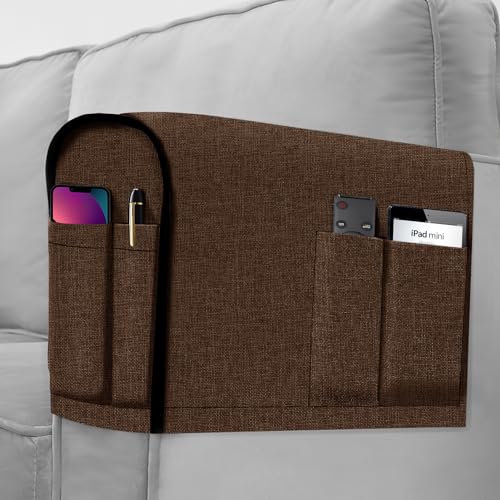 Joywell Linen Armrest Covers for Living Room Anti-Slip Sofa Arm Protector for Dogs, Cats, Armchair Slipcover for Recliner with 4 Pockets for TV Remote Control, Phone, Set of 2, Dark Brown