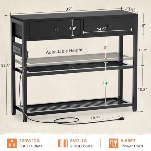 Ecoprsio Entryway Table with Outlets and USB Ports, Console Table with 2 Drawers, Small Sofa Table with Storage Shelves for Living Room, Couch, Hallway, Foyer, Kitchen Counter, 32'', Black - color: Black, size: 32-In