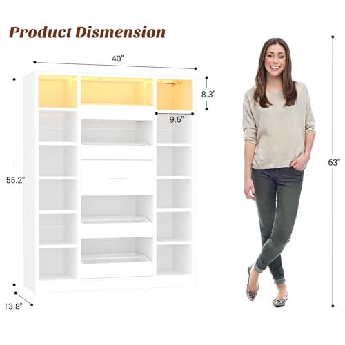 Besiost 40" Closet System with LED Lights, Wooden Closet Organizer System with Drawers & Shelves, Versatile Closet Storage Tower for Walk-in Closets, Shoe Rack and Handbag Storage Cabinet, White - color: White
