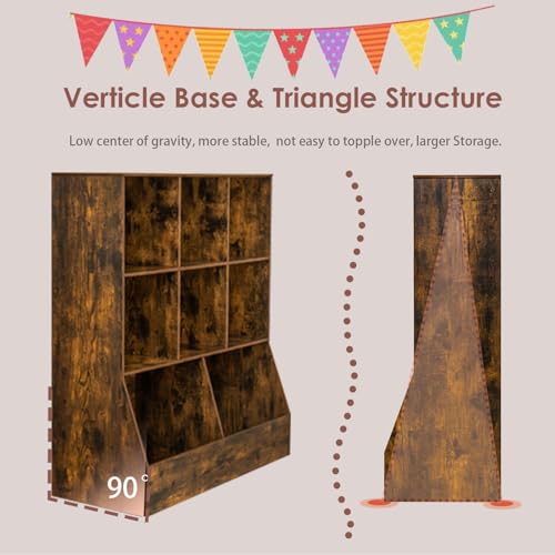 DINZI LVJ Toy Storage Organizer, Kids Bookshelf, Wood Toy Storage Cabinet, 3-Tier 8 Cubby Children Bookcase, 39.4" L Toddler Book Shelf for Playroom, Living Room, Nursery, School, Rustic Brown - color: Rustic Brown, size: 3-Tier 39.4"