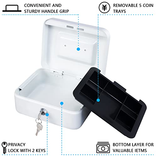 KYODOLED Medium Cash Box with Money Tray,Small Safe Lock Box with Key,Cash Drawer,7.87"x 6.30"x 3.54" White Medium - color: White, size: Medium