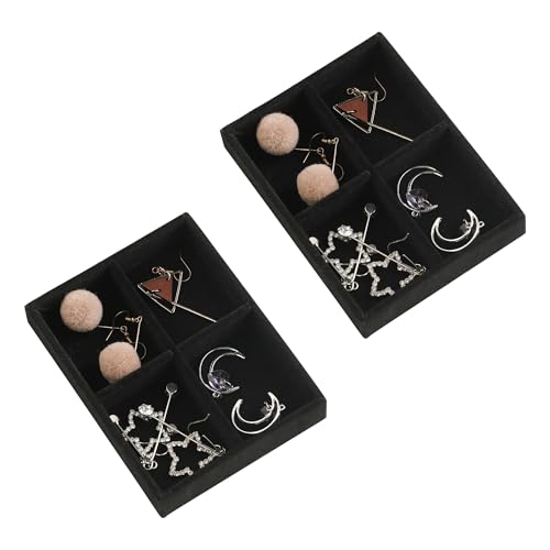 Frebeauty Small Jewelry Tray Set,Stackable Velvet Jewelry Organizer Tray,Mini Jewelry Drawer Organizer,Drawer Inserts,4.92 x 3.74 x 0.9 Inches,4 Grid Earring Organizer for Women(Set 2,Black) - color: Black, size: 4 Grids Set 2