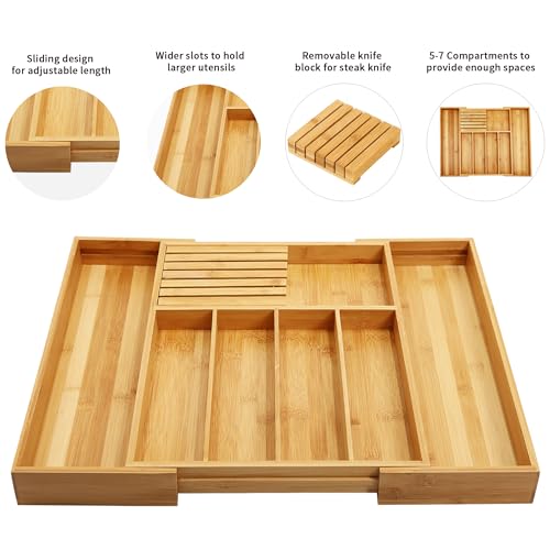 VaeFae Bamboo Silverware Drawer Organizer Kitchen, Expandable Utensil Organizer with Knife Block, Cutlery Tray with Divider, Multifunctional Drawer Organizer - color: Natural, size: Large - Expandable with Block