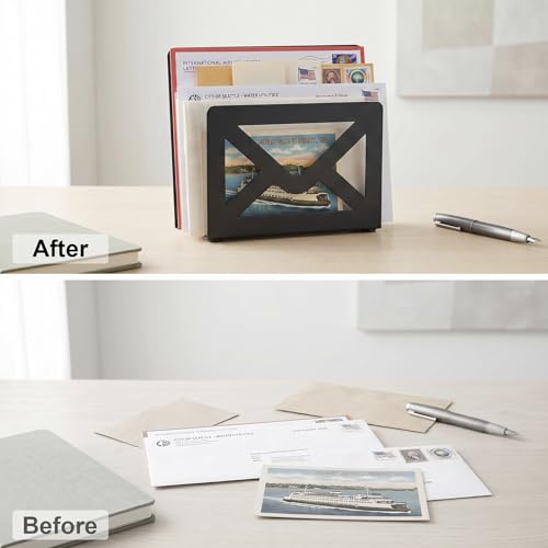 MyGift Black Metal Desktop Mail Holder with Cutout Envelope Design Home and Office Desk Letter Organizer - color: Black