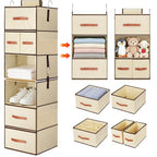 Hanging Closet Organizer 6-Shelf, Upgrade Hanging Shelves for Closet with 5 Removable Drawers & Side Pockets, Hanging Shelf Organizer for Bedroom or Garment Rack, 12.6'' x 12.6'' x 44.1'', Beige