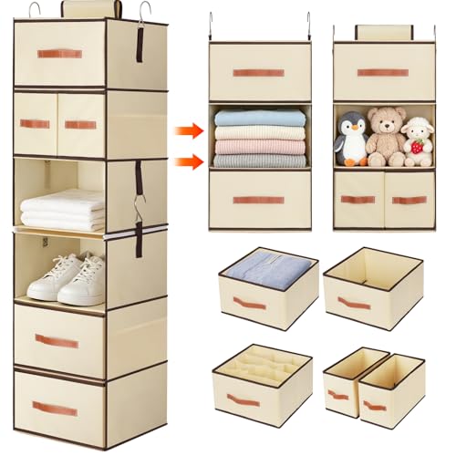 Hanging Closet Organizer 6-Shelf, Upgrade Hanging Shelves for Closet with 5 Removable Drawers & Side Pockets, Hanging Shelf Organizer for Bedroom or Garment Rack, 12.6'' x 12.6'' x 44.1'', Beige