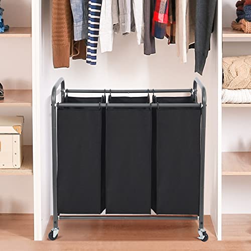 STO STO Laundry Sorter 3 Section, 3 Bag Clothes Hamper, Rolling Laundry Cart Basket with Heavy Duty Lockable Wheels and Removable Bag for Laundry Room, Bedroom, Closet, Black - color: Black, size: 3-Section
