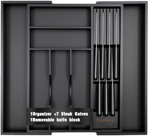 9-Piece Bamboo Kitchen Drawer Organizer Set, Expandable Silverware &Utensil Organizer with Removable Knife Block & Steak Knives, Flatware Organization, Tableware Dividers Storage(Black) - color: Black