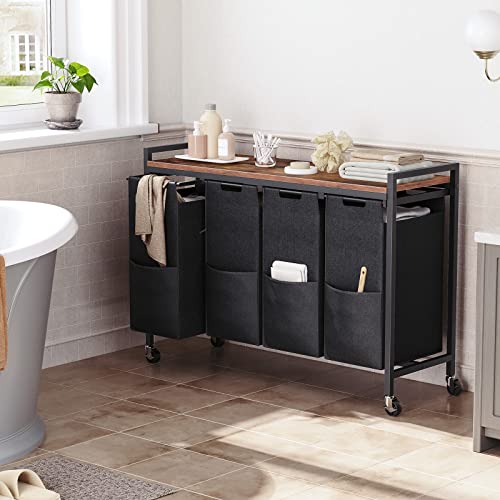 HOOBRO Laundry Sorter 4 Sections, Laundry Hamper with Wheels, 4 × 10.5 Gal (40 L), Rolling Laundry Basket, Pull-Out and Removable Oxford Fabric Bags, Rustic Brown and Black BF04XY01 - color: Rustic Brown + Black