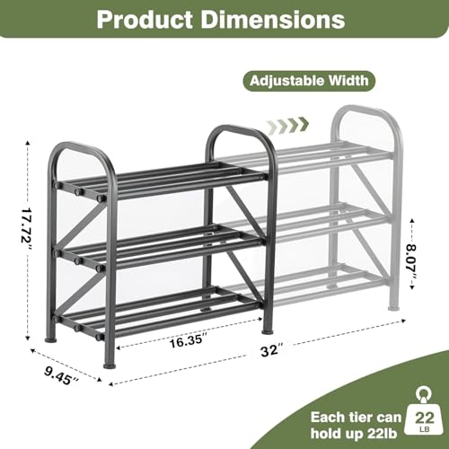 3-Tier Shoe Rack for Closet, 16"-32" Expandable ShoeRackAdjustable for Entryway Closet Doorway SturdyMetal, Black - color: 3 Layers and 3 Tubes