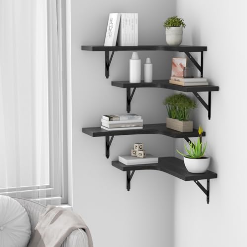 ROMGUAR CRAFT Corner Floating Shelves Wall Mounted Set of 4, Rustic Wood Storage Display Shelves for Home Decor, Bathroom, Kitchen, Bedroom, Living Room, Office (Black) - color: Black
