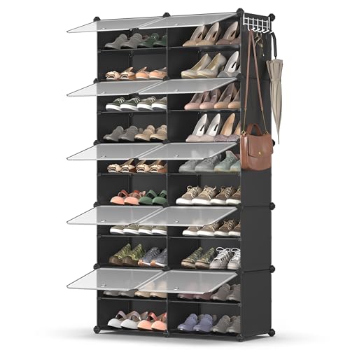 SONGMICS Shoe Rack Organizer, 10-Tier Shoe Storage Cabinet for Closet and Entryway, Holds 40 Pairs of Shoes, Adjustable, Ink Black and Trasparent ULPC035B01 - color: Ink Black + Trasparent, size: 10 Cubes