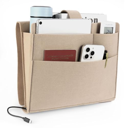 Seefoo Bedside Caddy, Large Bed Caddy Organizer with Cord Slit, Magazine Holder for Books, Remotes, Bunk Bed Storage Pocket with Strong-Grip Loop Tape Sticky for Dorm, Bedroom, Sofa Beige