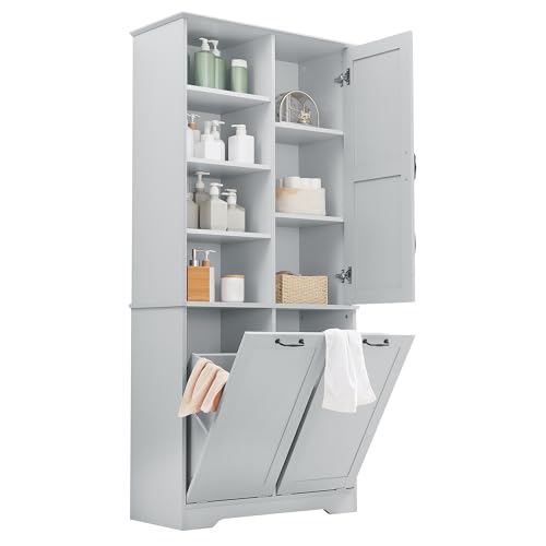 Merax Cabinet with Tilt-Out Laundry Hamper Basket, Tall Bathroom Storage Organizer Linen with Open Shelf for Home, Freestanding, Gray - color: Grey