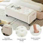 Virabit Velvet Storage Ottoman Bench, End of Bed Bench with Button, Two Side Storage Pockets, Organizer Storage Chest, Upholstered Foot Rest with Legs, Load up to 400 lb, Beige