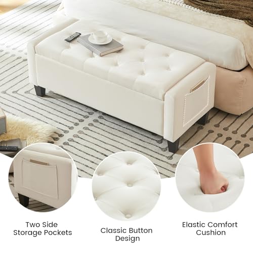 Virabit Velvet Storage Ottoman Bench, End of Bed Bench with Button, Two Side Storage Pockets, Organizer Storage Chest, Upholstered Foot Rest with Legs, Load up to 400 lb, Beige