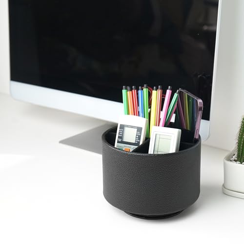 Hennaja Round Leather Art Supply Organizer,Remote Control Holder,360 Degree Spinning,Multi-Functional Pencil Holder,4 Compartments Desktop Stationary Organizer(1-Lichee Black) - color: 1-Lichee Black