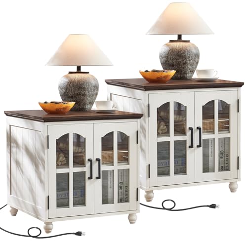 RWYHG Farmhouse 24" End Table Set of 2 with Charging Station, Large Sofa Side Table with Glass Barn Door,Wood Night Stand with Adjustable Storage Shelf,Square Bedside Table for Living Room,Bedroom - color: White, size: Set 2