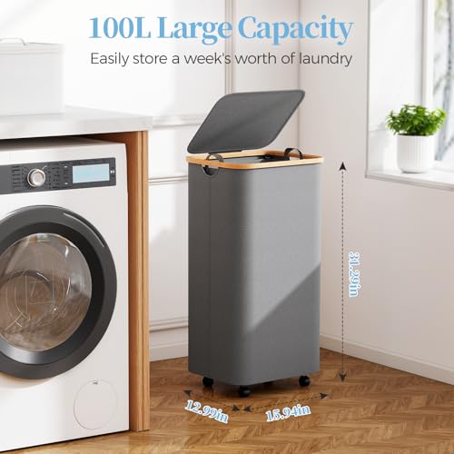 Yecaye 100L Large Capacity Laundry Hamper – Foldable Rolling Laundry Basket, Mobile Clothes Hamper with Wheels, Removable Inner Bag, Bamboo Handle Lid Laundry Bin – Multi-Use Storage,Grey - color: grey