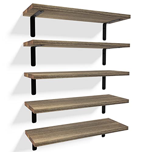 RICHER HOUSE Rustic Wood Shelves Set of 5, Farmhouse Style Floating Shelf for Wall Décor, Hanging Shelves for Bathroom, Bedroom, Storage, Kitchen, Living Room - Carbonized Black - color: Carbonized Black, size: 5 Pcs:16.52in
