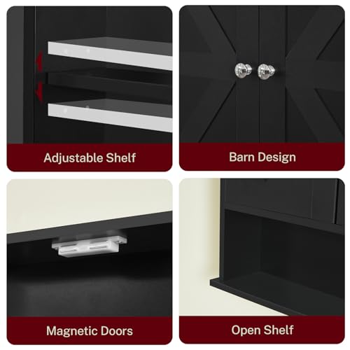 TEENFON Bathroom Wall Cabinet, Over The Toilet Space Saver Storage Cabinet with Barn Doors & Adjustable Shelf, Hanging Medicine Cabinet, Black UNGGX003HV1 - color: Black