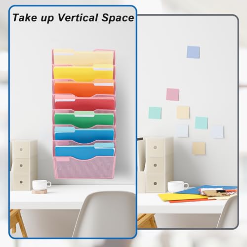 EASEPRES 8 Pocket Mesh Hanging Wall File Organizer, Wall Mounted Mail Paper Document Folder Holder, Clipboard Storage Organization Magazine Rack with Nametag Label for Office Home School, Pink - color: Pink, size: 8 Tier