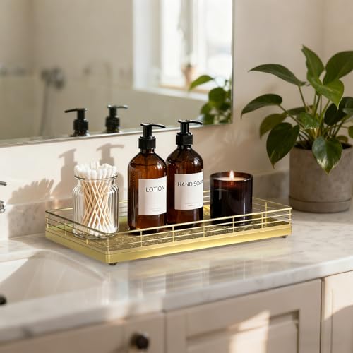 Large Bathroom Vanity Tray – 13" x 8" Oak Decorative Wooden Tray for Bathroom Countertop & Vanity Organizer, Rectangular Wood Tray for Perfume, Skincare, Storage, Vanity Dresser Counter Decor, Gold - color: All Golden, size: 13" x 8" x 2"