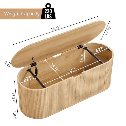 Fluted Storage Bench with 4 Wheels, 43.3” Oval Storage Chest with Safety Hinges, Modern Wooden End of Bed Bench, Large Storage Trunk Toy Chest with Lift Top for Entryway Bedroom Living Room, Natural - color: Natural