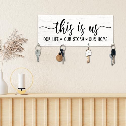 This is Us Wooden Key Holder for Wall - 5"x10" Key Organizer Hanger with 4 Hooks for Home Front Door Hallway Entryway Kitchen - Home Office Decor & Housewarming Gifts Supplies - A05 - color: This Is Us