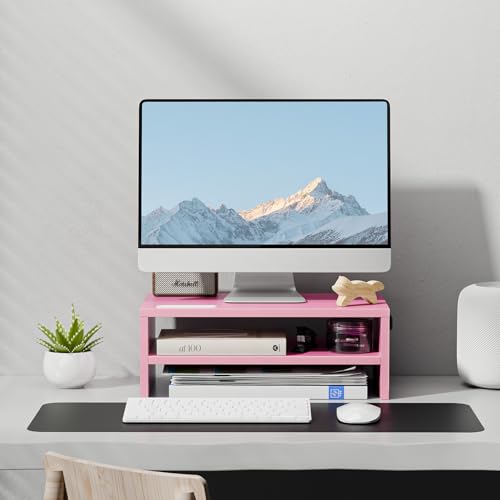 Marbrasse Monitor Stand Riser, 16.5 Inch 2 Tier Computer Printer Shelf Stand for Laptop Computer Screen Storage, Desktop Stand with Phone Holder and Cable Management (Pink) - color: Pink