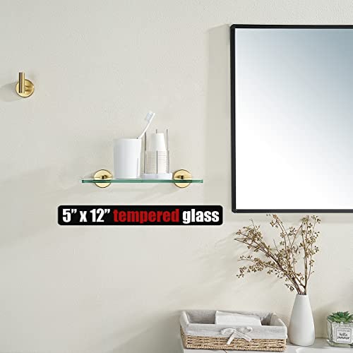 JQK Bathroom Glass Shelf Gold, Tempered Glass Shower Storage 12 by 5 inches, 304 Stainless Steel Brushed Gold Wall Mount, TGS101L12-BG - color: Gold, size: 12 Inch (1 Pack)