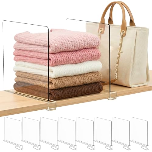 Purse Organizer for Closet Shelf Dividers: 11-inch Tall (Higher Version) Adjustable Clear Acrylic Bag Storage Organizer for Handbags, Sweaters, Towels, Jeans and Shoes on Wood Shelves 8-Pack - color: Clear:8-pack, size: Extra Tall: 11" Tall x 12" Deep