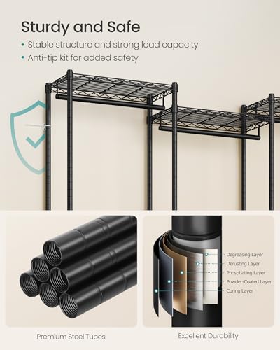 SONGMICS Heavy-Duty Clothes Rack, Garment Rack, Portable Closet, 68.7-Inch Wide Clothing Rack with Adjustable Mesh Shelves and Hanging Rails, Ink Black ULGR433B01 - color: Ink Black, size: 68.7"L x 76"H, style: Without Fabric Cover