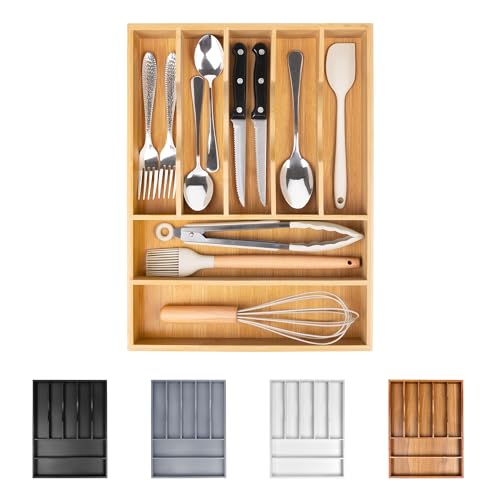 Bellsal Bamboo Silverware Drawer Organizer, Kitchen Utensil Drawer Organizers, 12"x15.7" Utensils Holder Cutlery Tray with Grooved Drawer Dividers for Kitchen Flatware Bedroom Office(7 Slot, Natural) - color: Nature, size: 7 Slots