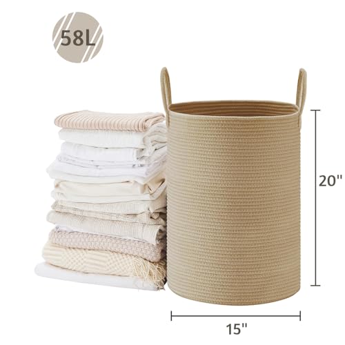 VIPOSCO Large Laundry Hamper, Tall Woven Rope Storage Basket for Blanket, Toys, Dirty Clothes in Living Room, Bathroom, Bedroom - 58L Jute - color: Jute, size: 58L