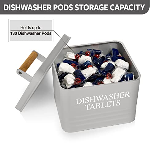 Calindiana Modern Farmhouse Metal Dishwasher Pods Container with Lid for Kitchen Organization and Storage, Kitchen Essentials Decor Accessories, Dishwasher Pods Holder, Grey - color: Grey