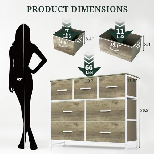 7-Drawer Dresser for Bedroom, Anti-Tip Wide Storage Organizer Fabric Chest of Drawers TV Stand for 45" TV with Wooden Top and Metal Frame for Closet, Living Room, Hallway, Entryway, Greige Oak - color: Greige Oak, size: 11.8"D x 39.3"W x 30.3"H (7 Drawers