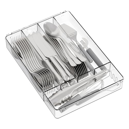 Yieach Clear Small Silverware Organizer 9 inch Wide for Kitchen Drawers,BPA Free Silverware Trays and Plastic Silverware Dividers & Holder,Utensil and Flatware Drawer Organizer Suitable for Fork,Spoon - size: Medium
