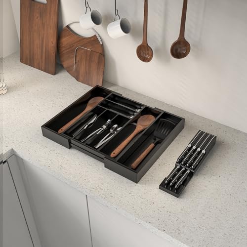 Bamboo Kitchen Drawer Organizer, Expandable Silverware Organizer with Removable Knife Block, 6-8 Slots- Utensil Holder & Cutlery Tray Drawer Dividers, 2.36" Deep for Extra Capacity, Black - color: Black